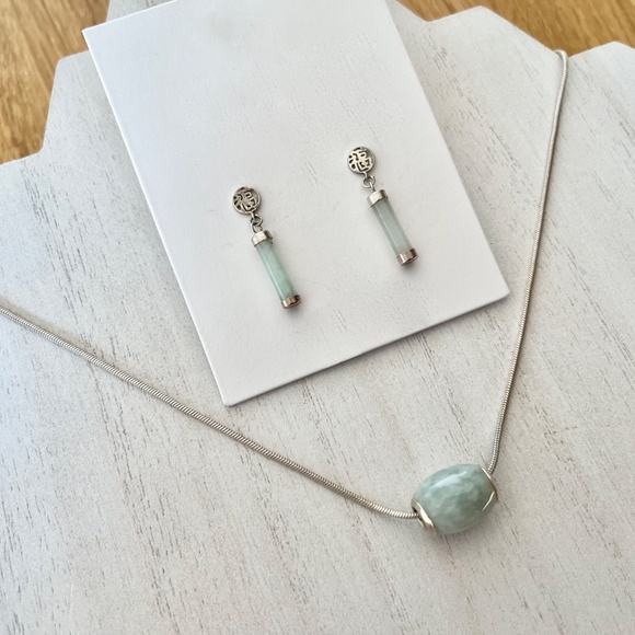 Green Jade 925 Sterling Silver Italy Barrel Slide Necklace Blessing Earring Set - Picture 10 of 10